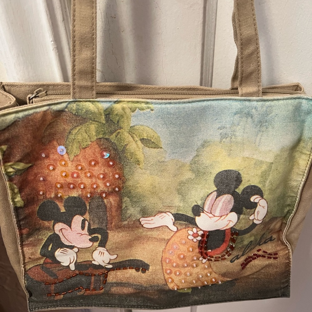 Mickey and mini aloha print with sequin double  cotton shoulder strap bag